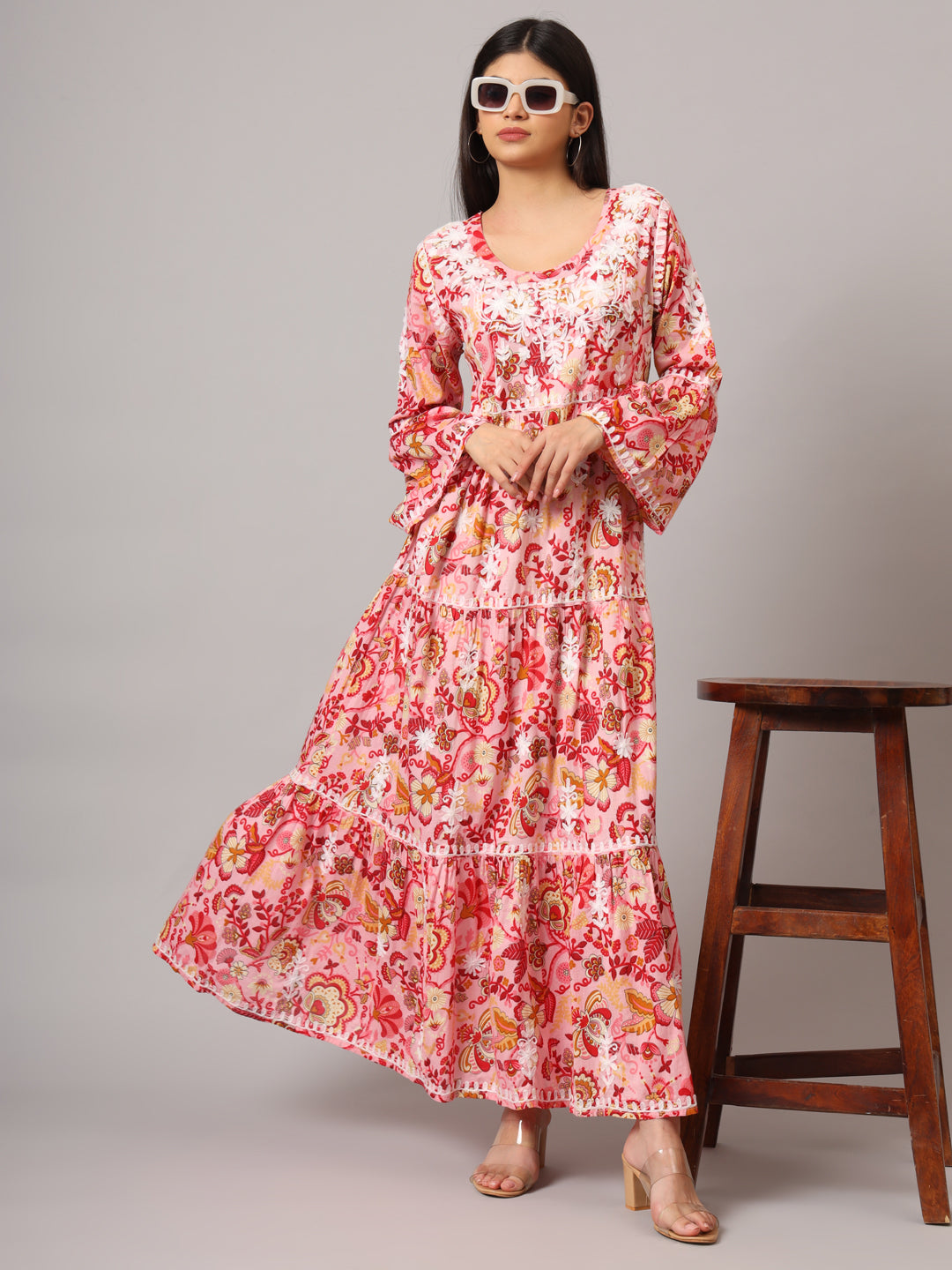 Hand Embroidered Chikankari A-Line Gathering Pattern Mulmul Cotton Jalabiya-AL3673 Peach & Yellow