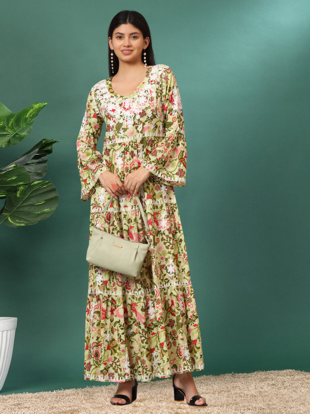 Hand Embroidered Chikankari A-Line Gathering Pattern Mulmul Cotton Jalabiya-AL3673 Yellow & Pink