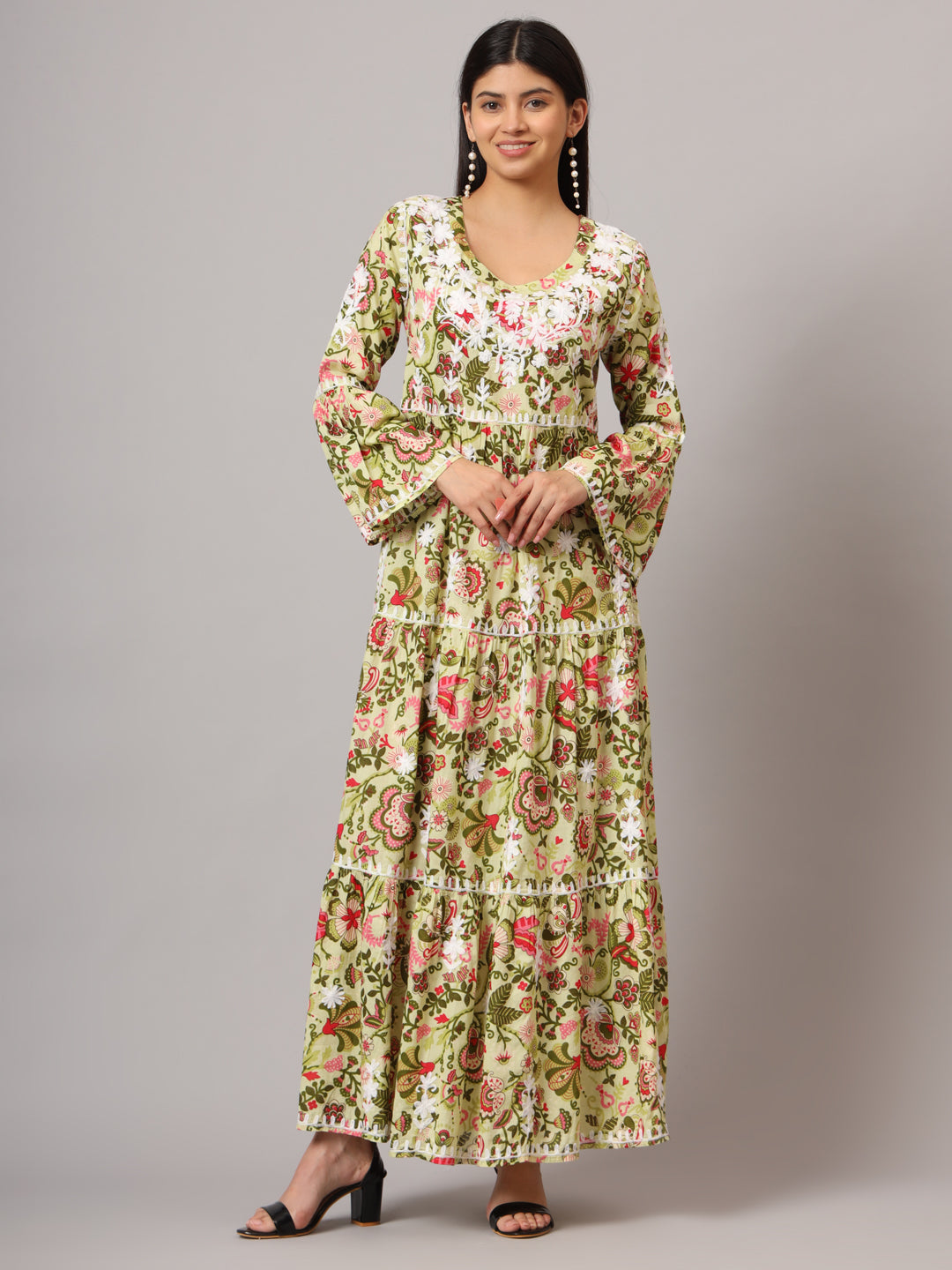 Hand Embroidered Chikankari A-Line Gathering Pattern Mulmul Cotton Jalabiya-AL3673 Yellow & Pink