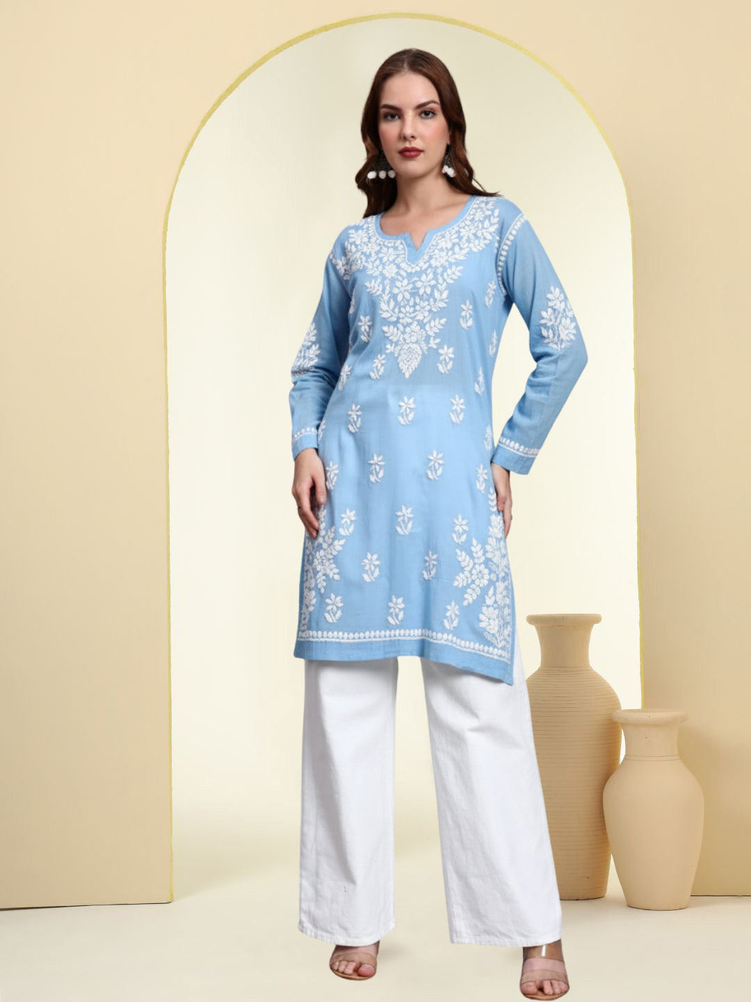 Women Hand Embroidered Chikankari Cotton Kurti -AL3685 Blue