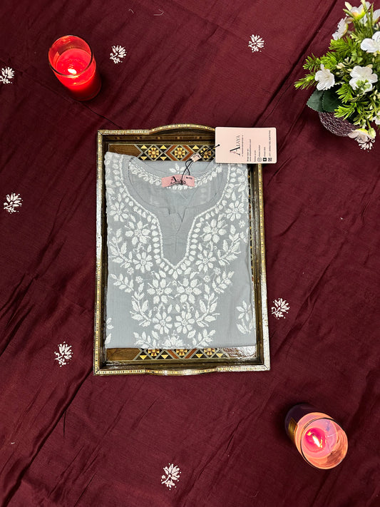Women Hand Embroidered Chikankari Modal Kurti -AL3685 Grey