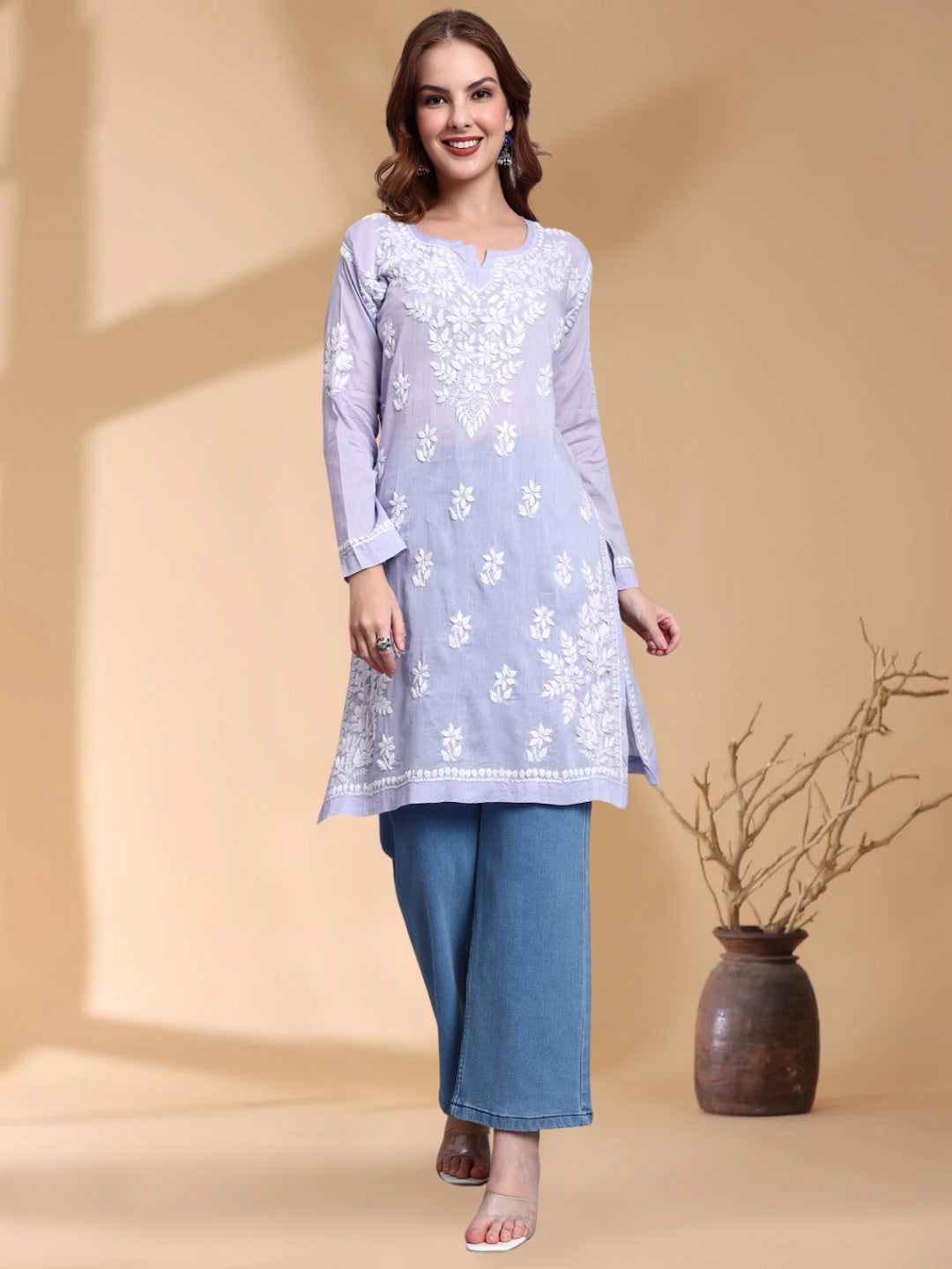 Women Hand Embroidered Chikankari Cotton Kurti -AL3685 Mauve