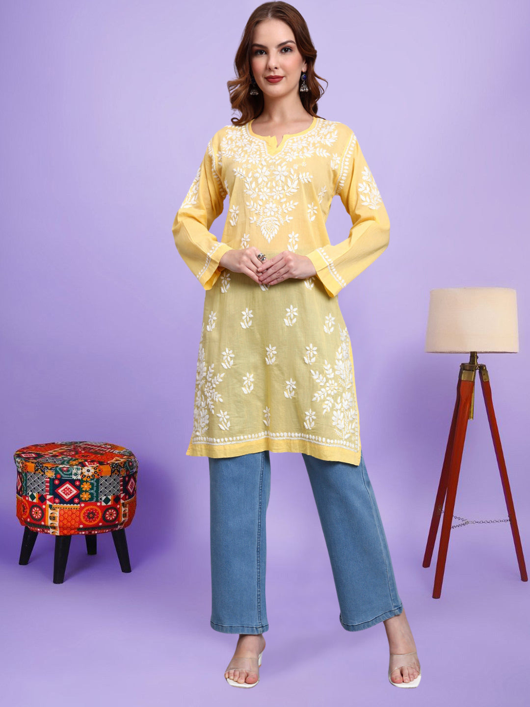Women Hand Embroidered Chikankari Cotton Kurti -AL3685 Yellow