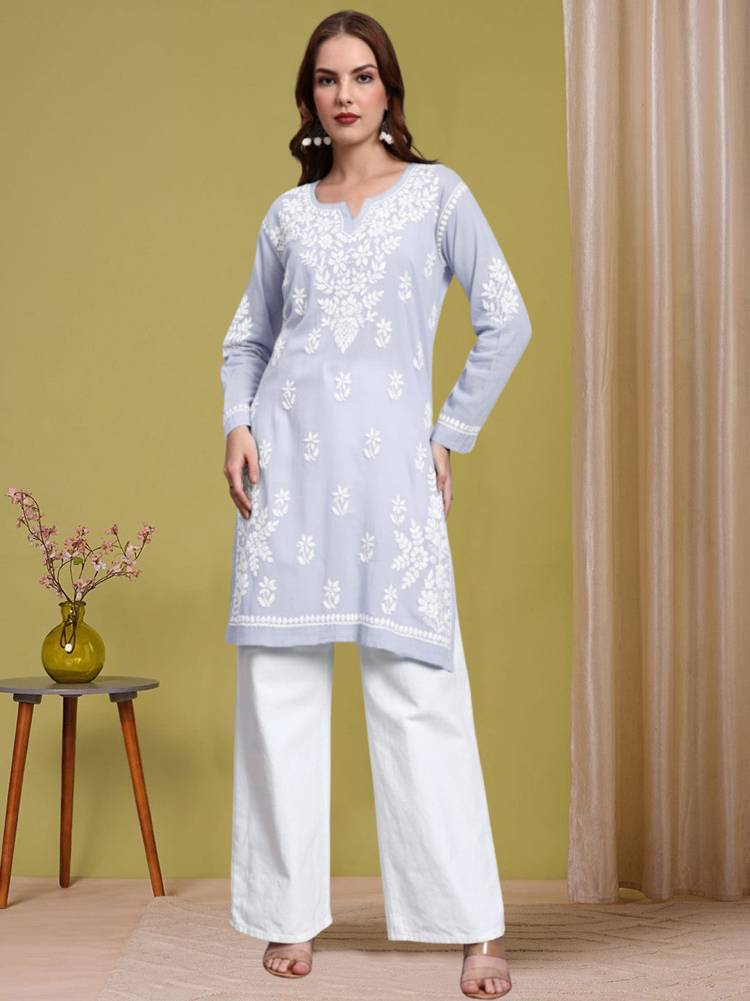 Women Hand Embroidered Chikankari Cotton Kurti -AL3685 Lavender