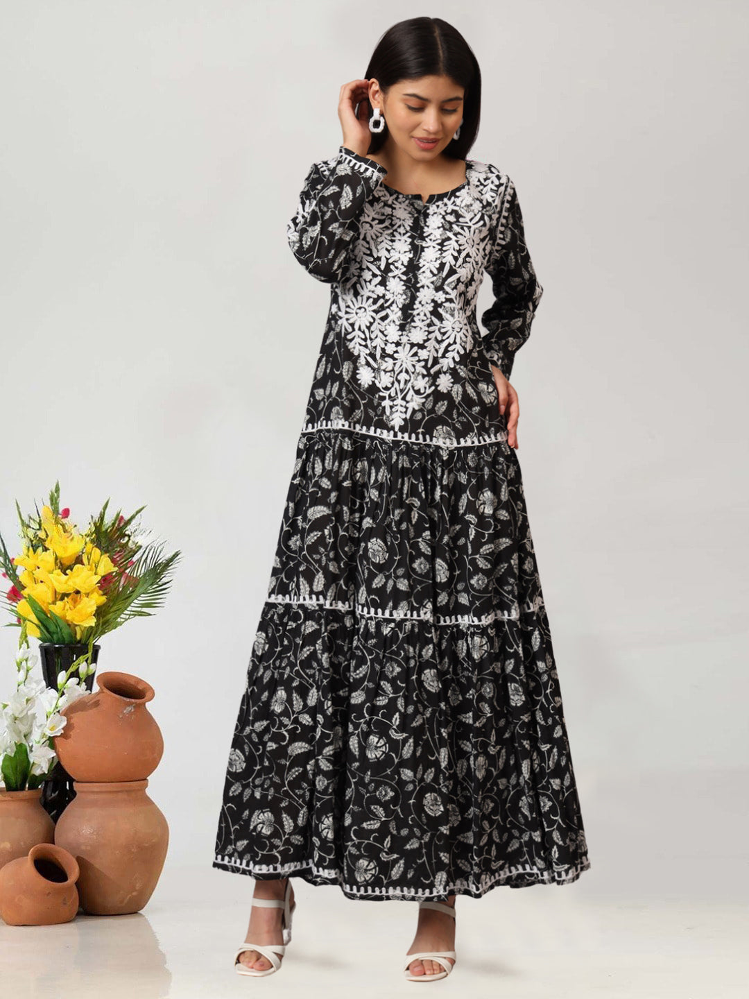 Hand Embroidered Lucknowi Chikankari  Printed Mulmul Cotton Jalabiya-AL3698 Black