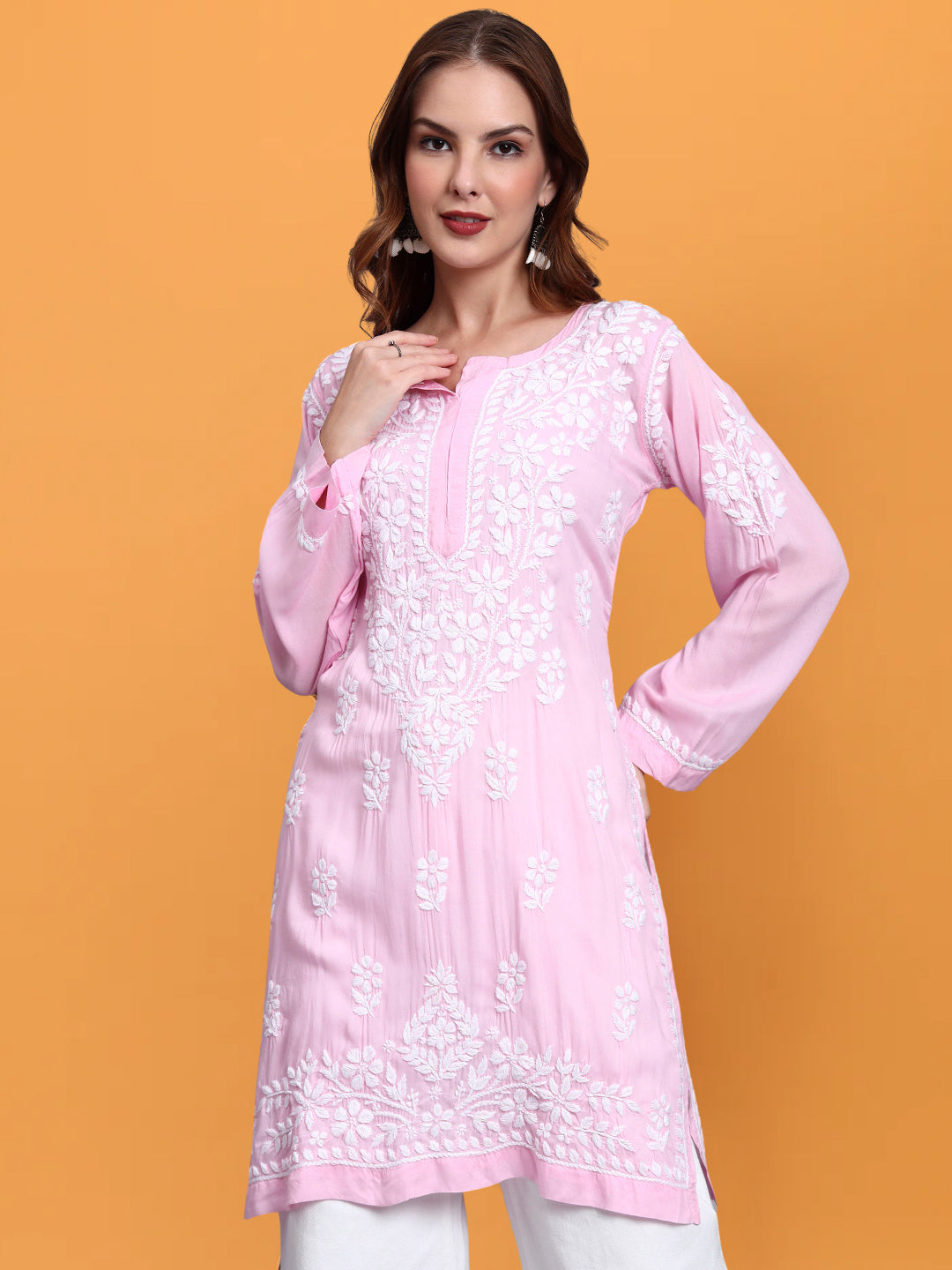 Women Hand Embroidered Chikankari Cotton Kurti -AL3685 Pink