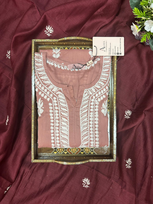 Women Hand Embroidered Chikankari Mulmul Kurti -AL3723 Rust