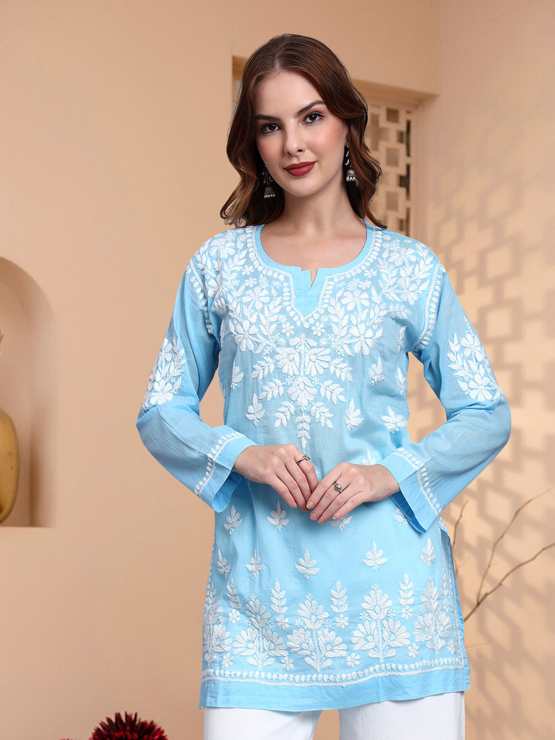 Women Hand Embroidered Chikankari Mulmul Short Top -AL3724 Blue