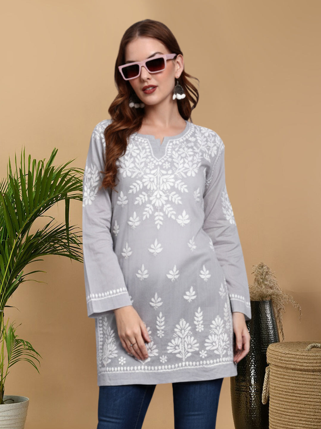 Women Hand Embroidered Chikankari Mulmul Short Top -AL3724 Grey