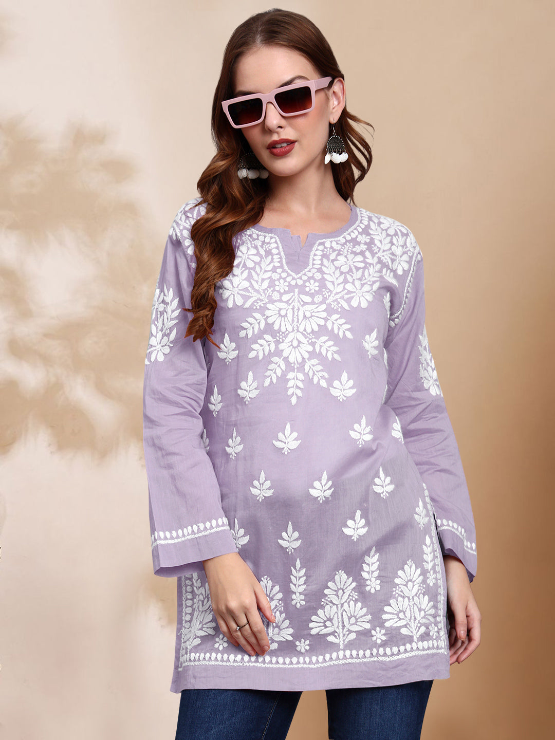 Women Hand Embroidered Chikankari Mulmul Short Top -AL3724 Mauve