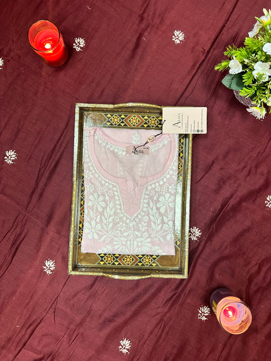 Women Hand Embroidered Chikankari Mulmul Short Top -AL3724 Pink