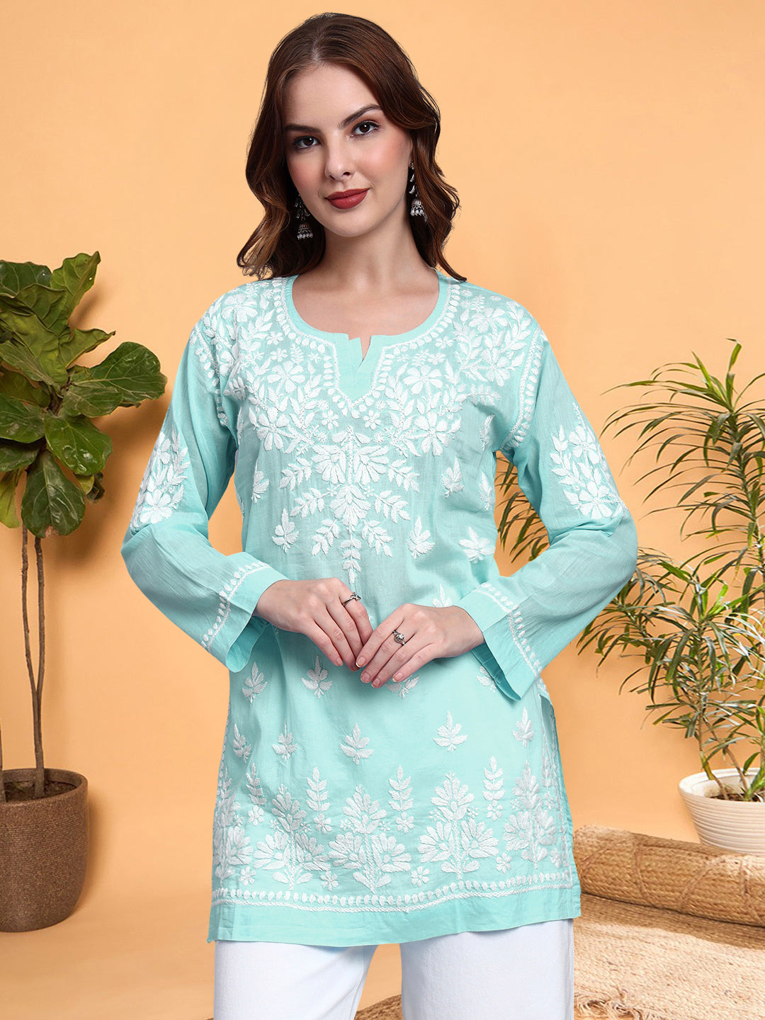 Women Hand Embroidered Chikankari Mulmul Short Top -AL3724 Seagreen