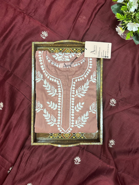 Women Hand Embroidered Chikankari Mulmul Kurti -AL3757 Rust