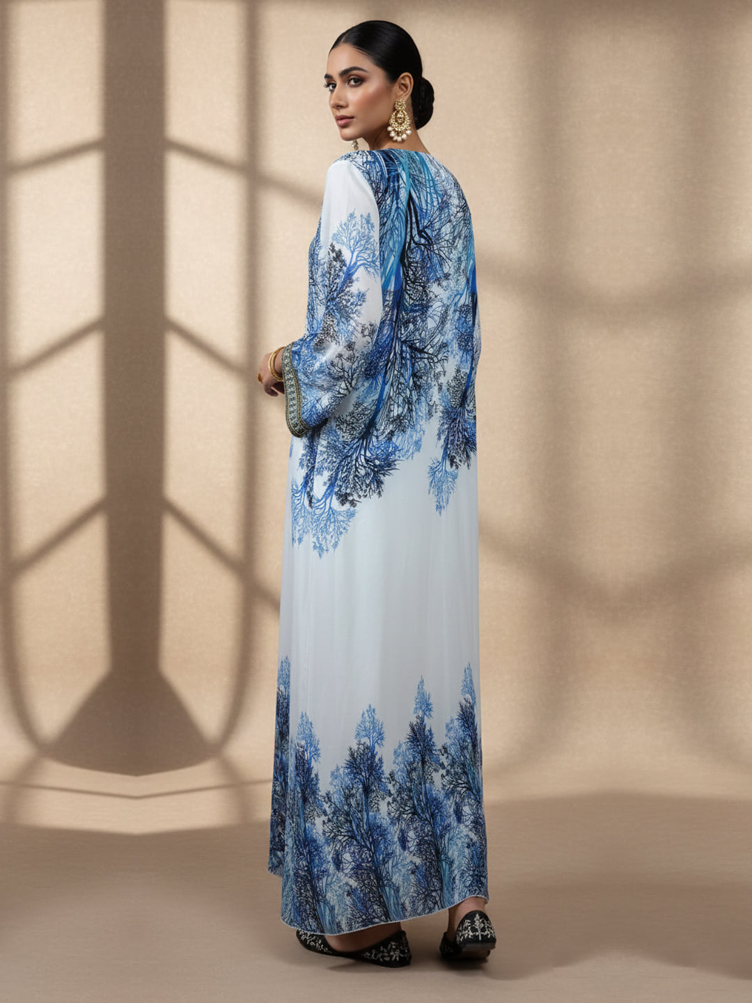 Women Floral Embroidered Chiffon Jalabiya-AL3830 Darkblue