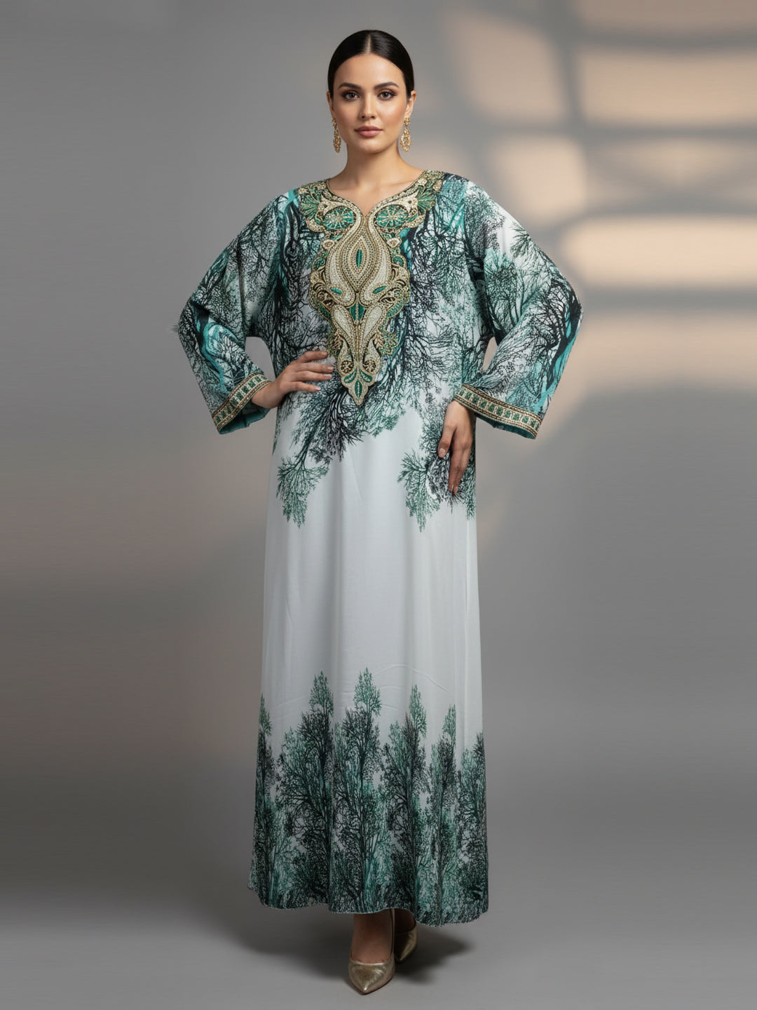 Women Floral Embroidered Chiffon Jalabiya-AL3830 Darkgreen