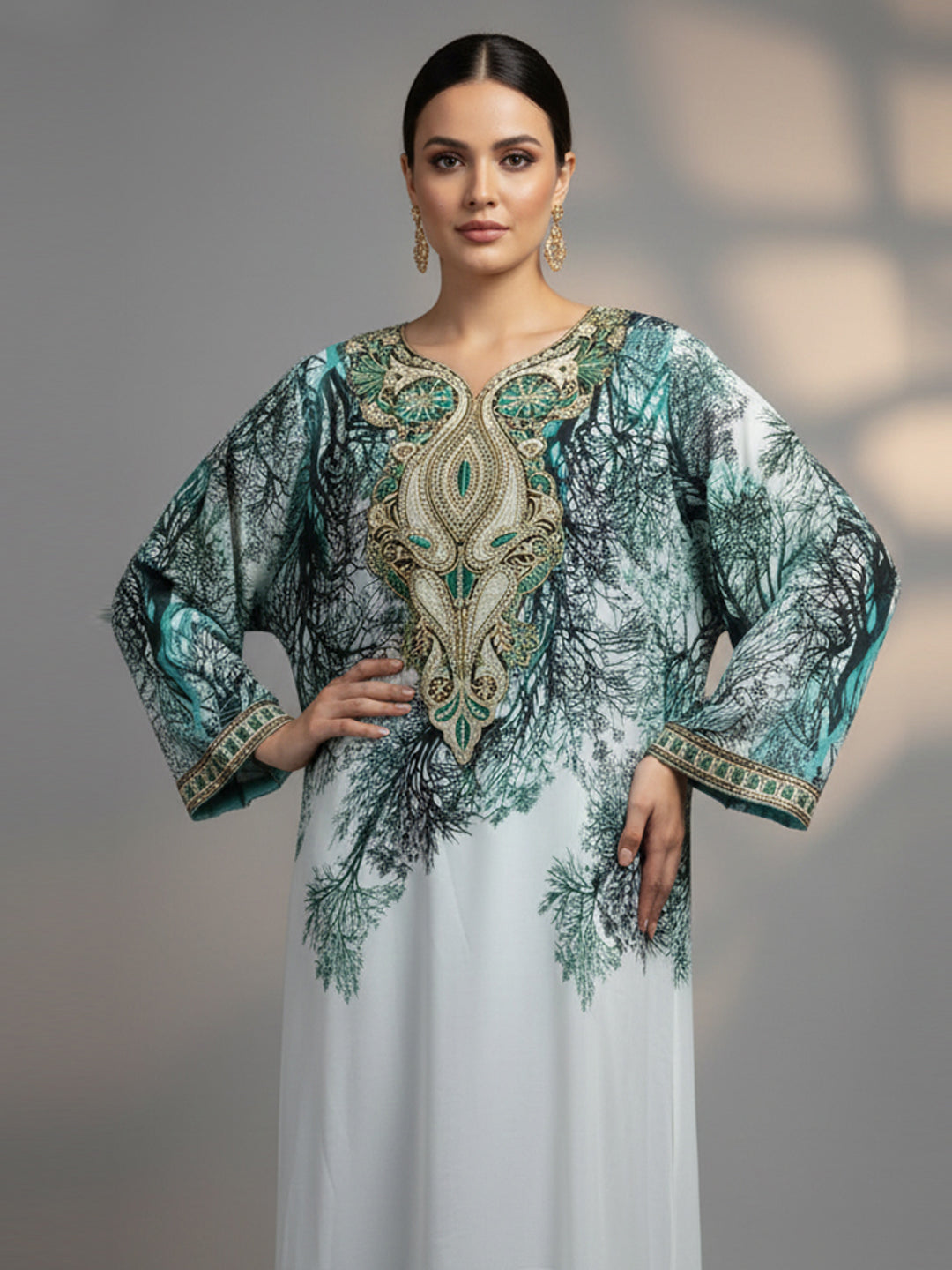 Women Floral Embroidered Chiffon Jalabiya-AL3830 Darkgreen