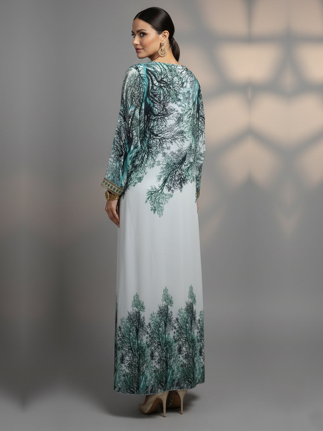 Women Floral Embroidered Chiffon Jalabiya-AL3830 Darkgreen