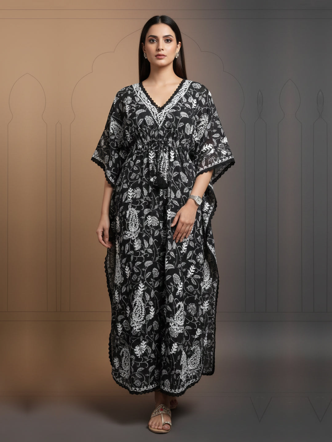 Hand Embroidered Chikankari A-Line Gathering Pattern Mulmul Cotton Kaftan-AL3833 Black