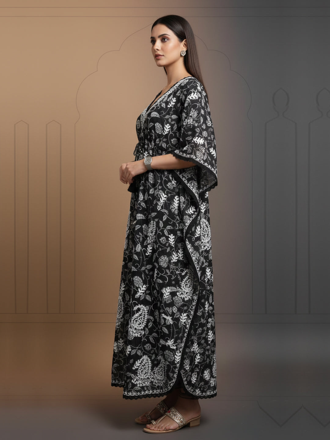 Hand Embroidered Chikankari A-Line Gathering Pattern Mulmul Cotton Kaftan-AL3833 Black
