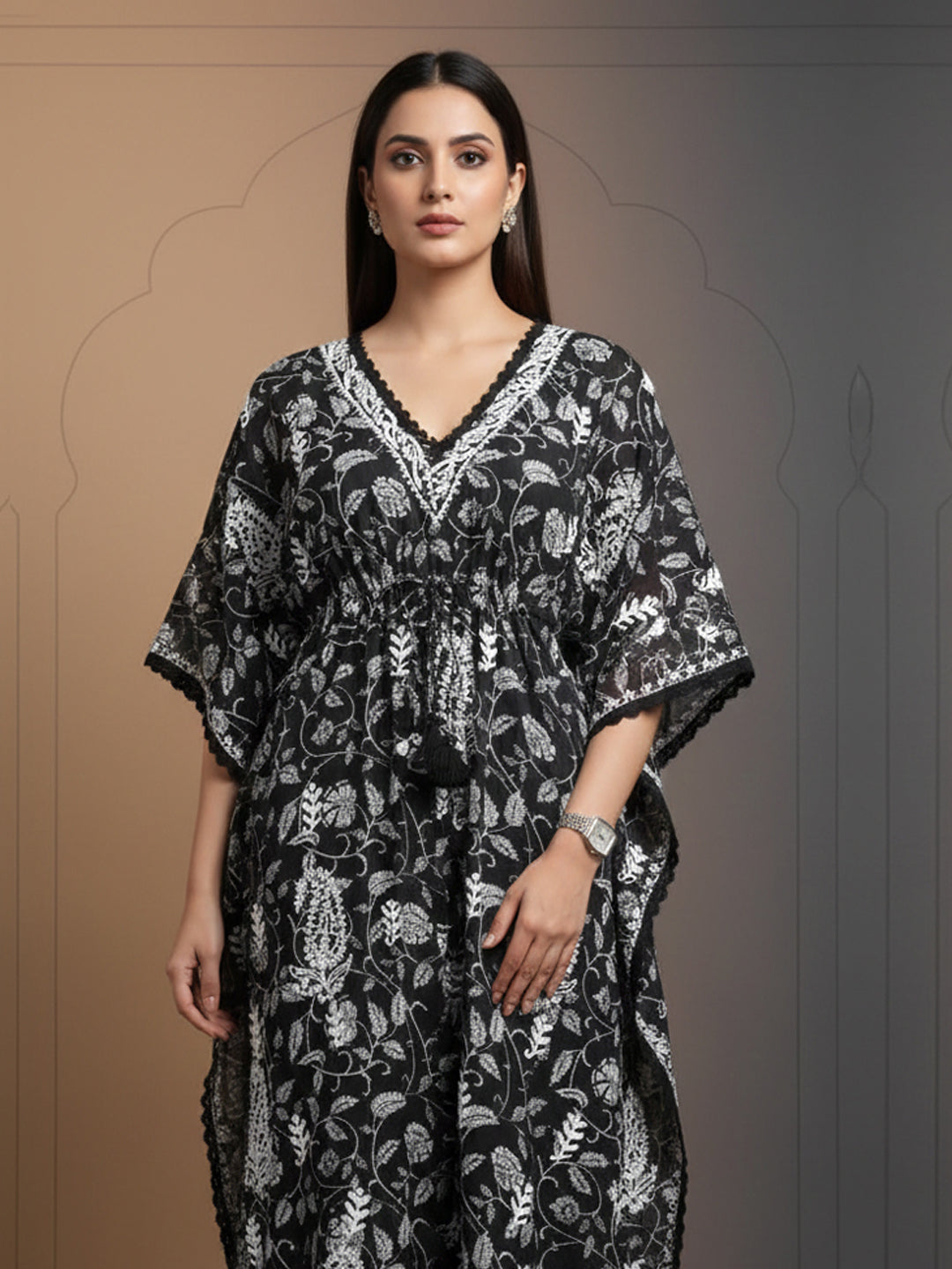 Hand Embroidered Chikankari A-Line Gathering Pattern Mulmul Cotton Kaftan-AL3833 Black