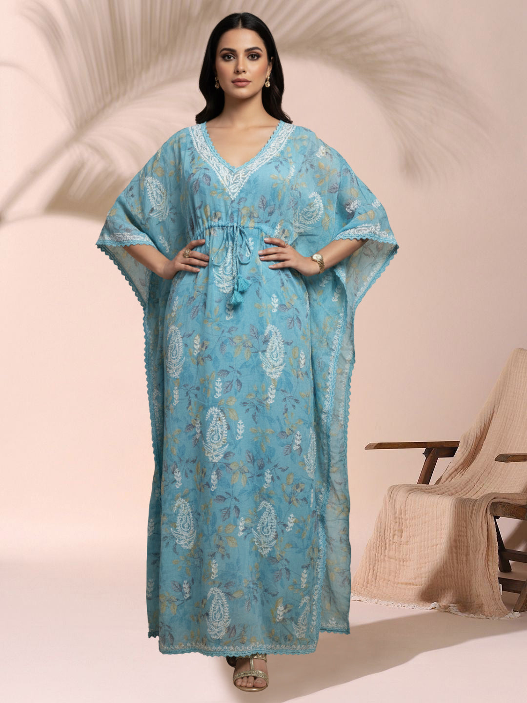 Hand Embroidered Chikankari A-Line Gathering Pattern Mulmul Cotton Kaftan-AL3833 Blue