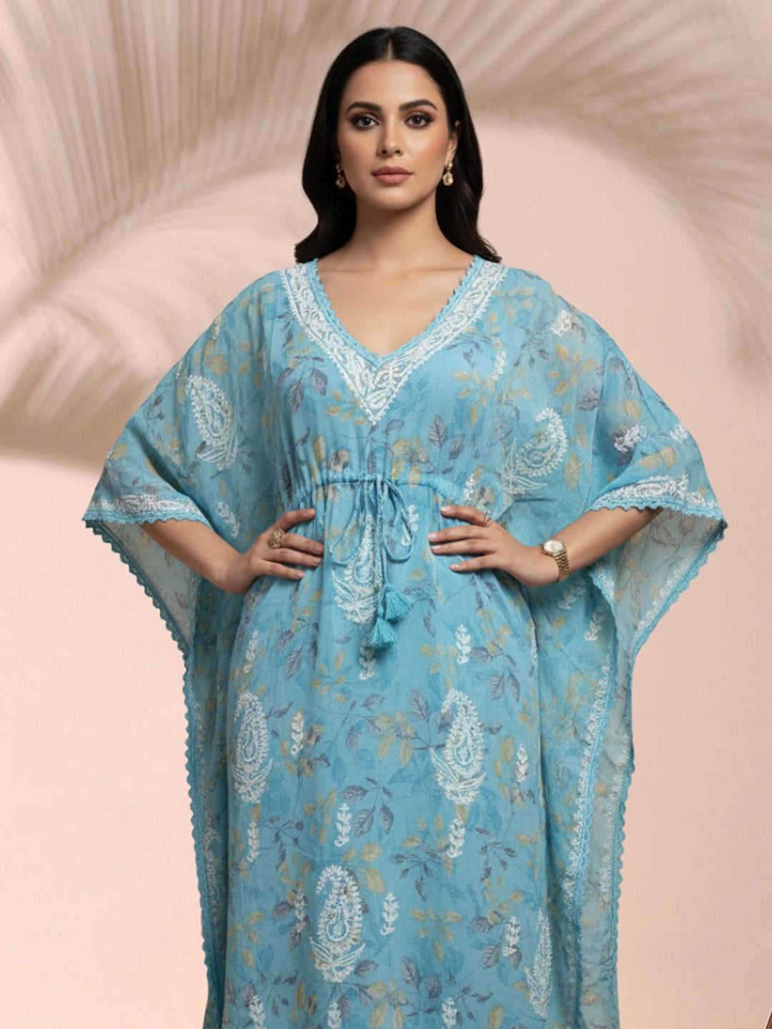 Hand Embroidered Chikankari A-Line Gathering Pattern Mulmul Cotton Kaftan-AL3833 Blue