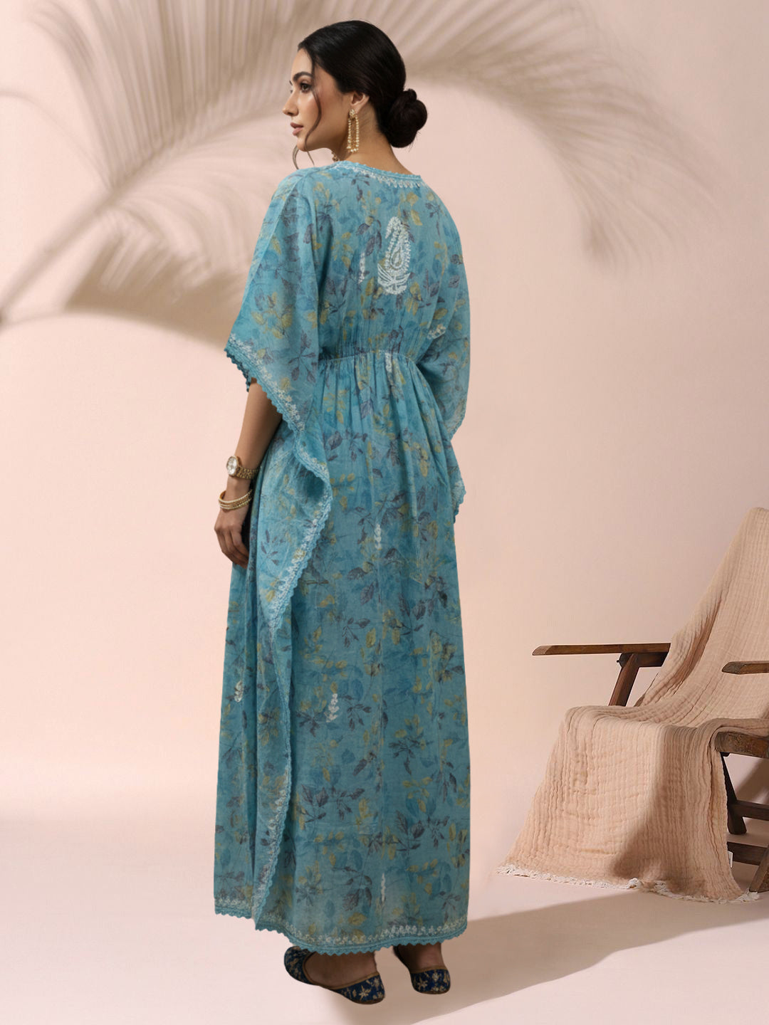 Hand Embroidered Chikankari A-Line Gathering Pattern Mulmul Cotton Kaftan-AL3833 Blue