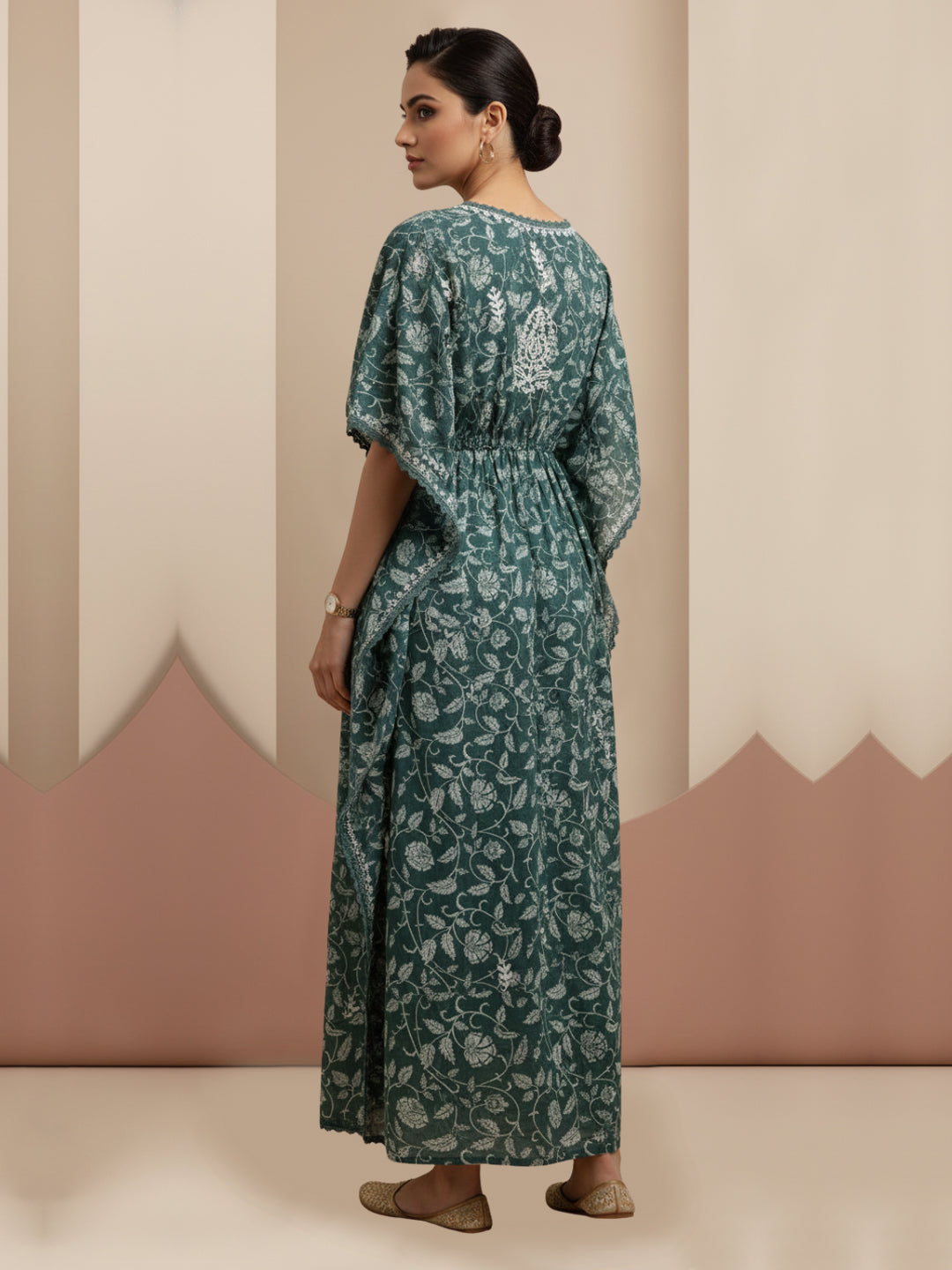 Hand Embroidered Chikankari A-Line Gathering Pattern Mulmul Cotton Kaftan-AL3833 Darkgreen