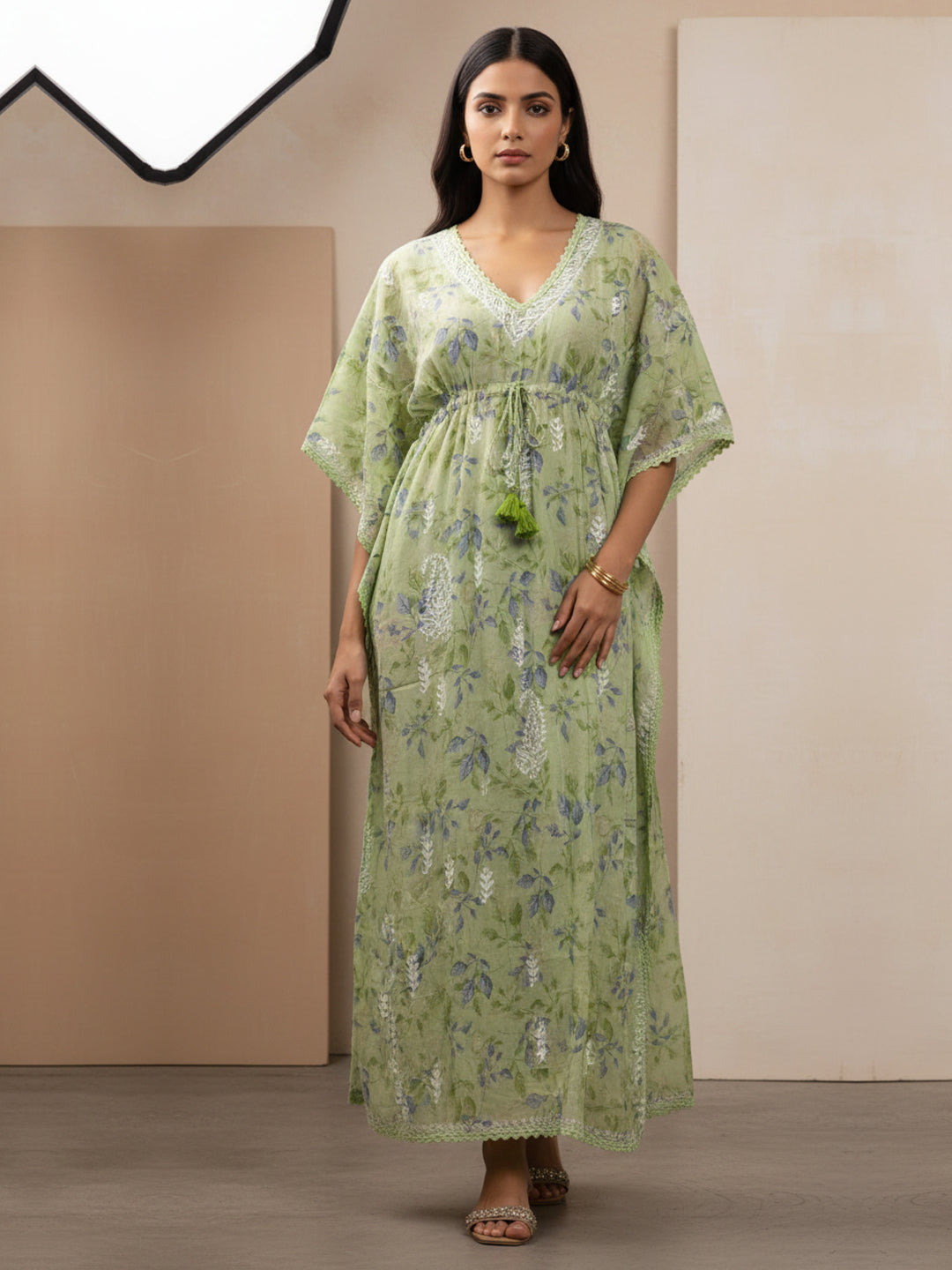 Hand Embroidered Chikankari A-Line Gathering Pattern Mulmul Cotton Kaftan-AL3833 Green