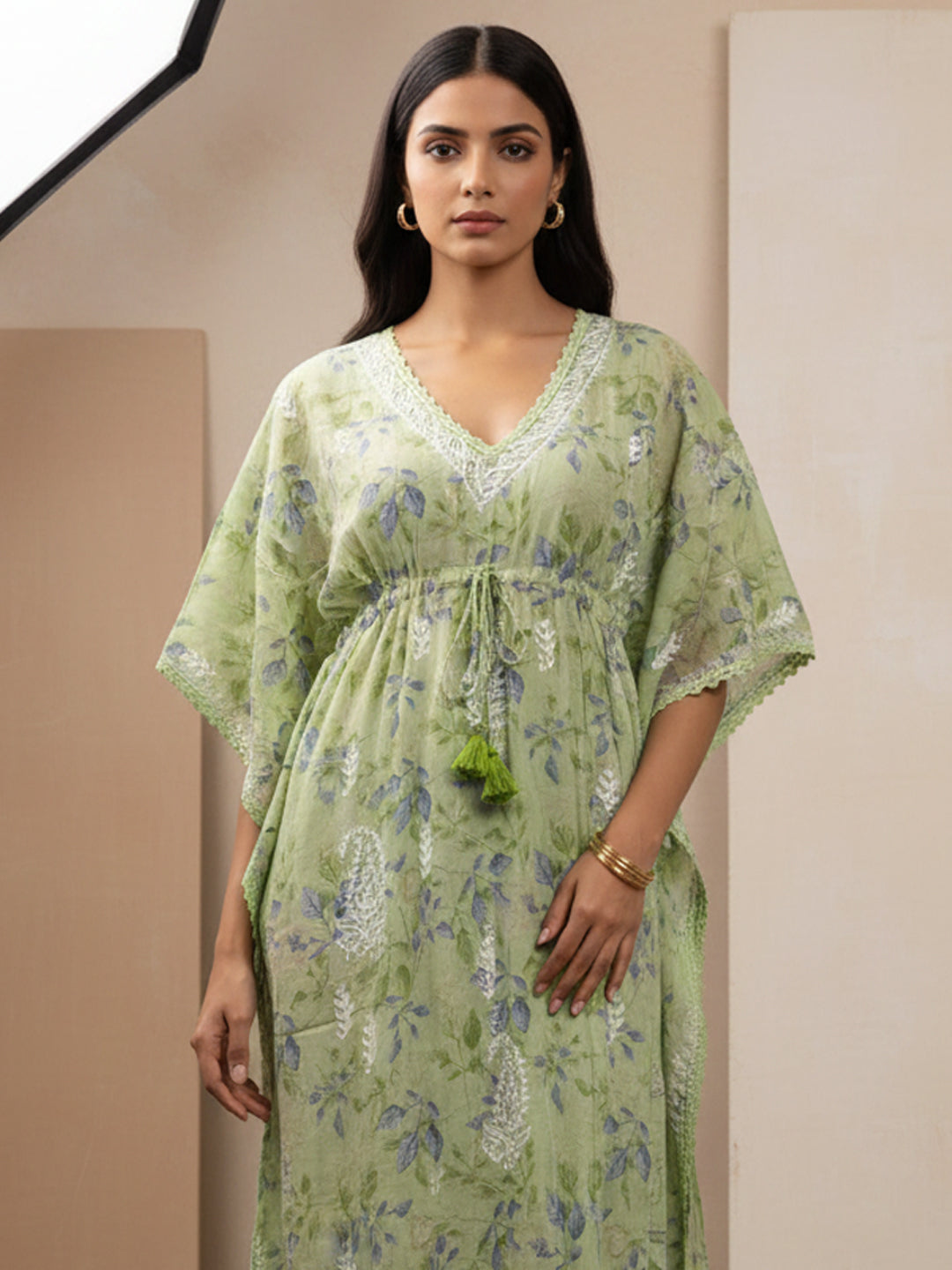 Hand Embroidered Chikankari A-Line Gathering Pattern Mulmul Cotton Kaftan-AL3833 Green