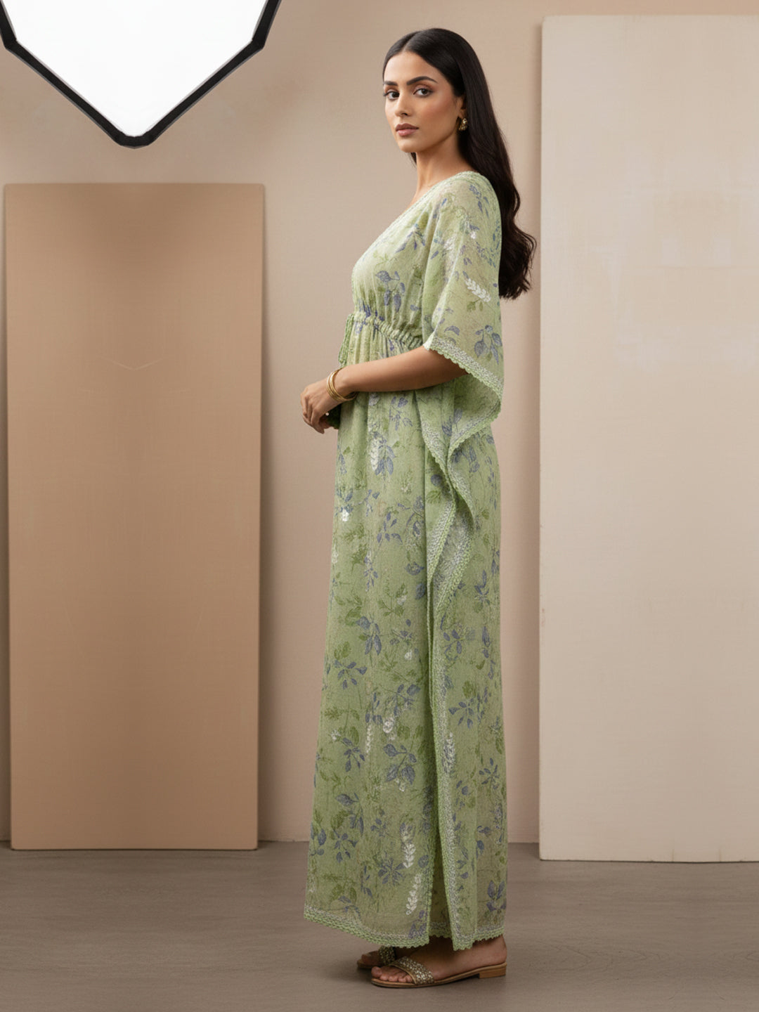 Hand Embroidered Chikankari A-Line Gathering Pattern Mulmul Cotton Kaftan-AL3833 Green