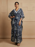 Hand Embroidered Chikankari A-Line Gathering Pattern Mulmul Cotton Kaftan-AL3833 Navy