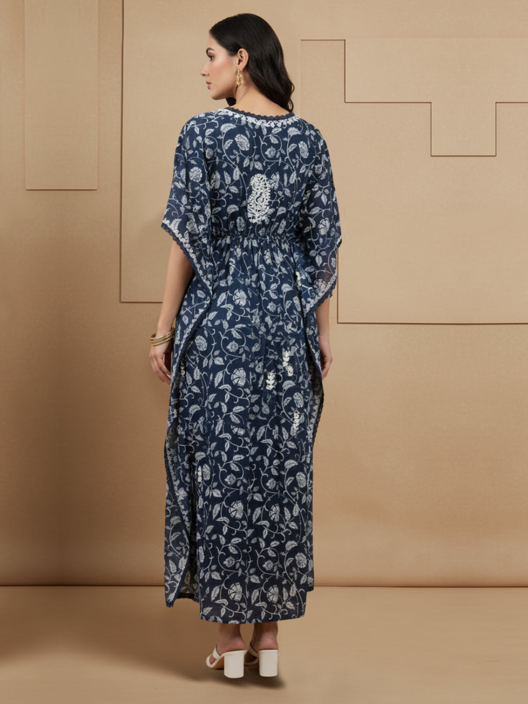 Hand Embroidered Chikankari A-Line Gathering Pattern Mulmul Cotton Kaftan-AL3833 Navy