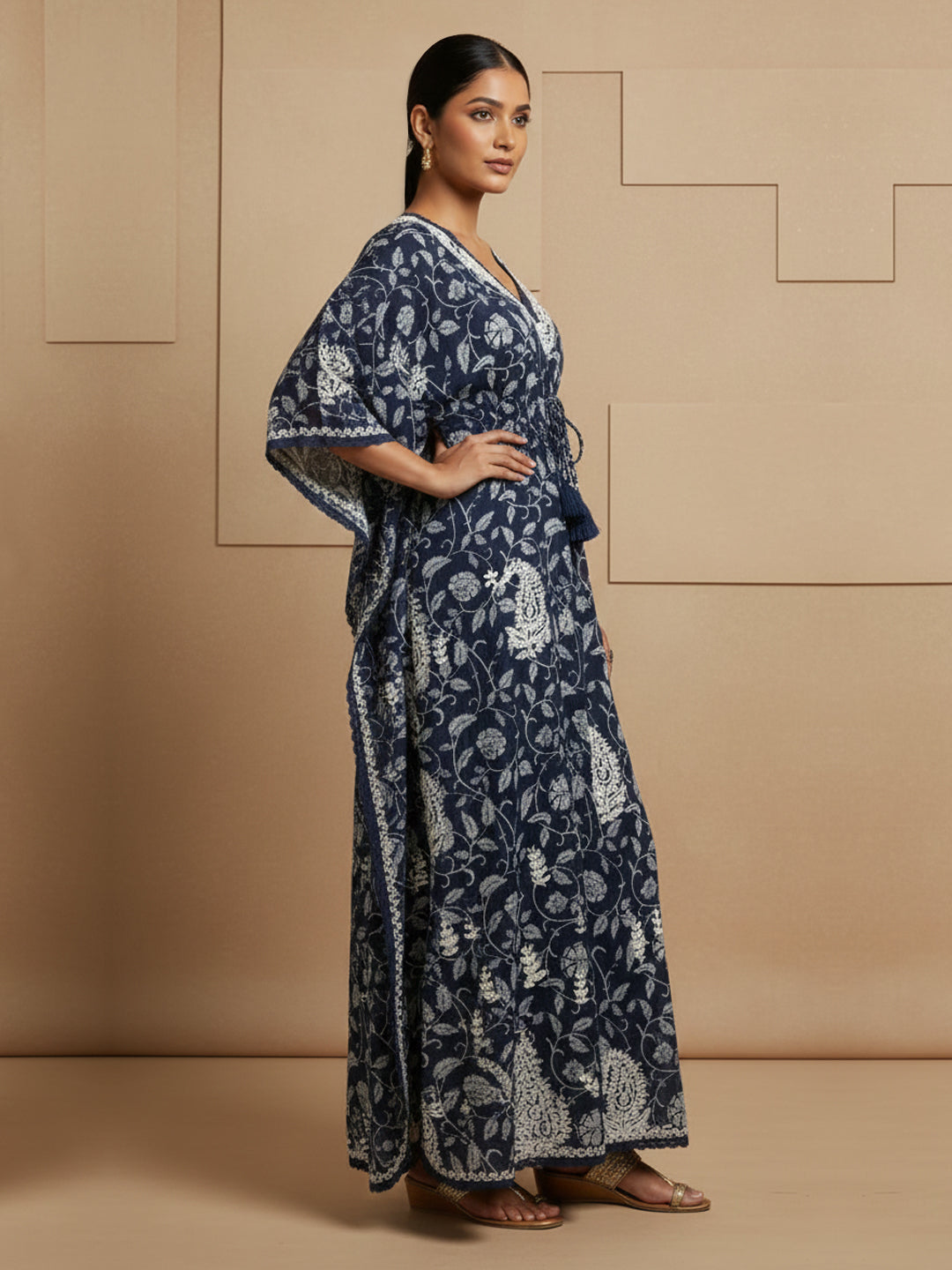 Hand Embroidered Chikankari A-Line Gathering Pattern Mulmul Cotton Kaftan-AL3833 Navy