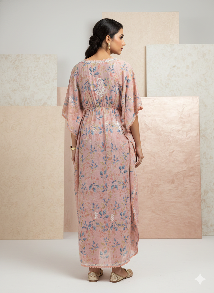 Hand Embroidered Chikankari A-Line Gathering Pattern Mulmul Cotton Kaftan-AL3833 Peach