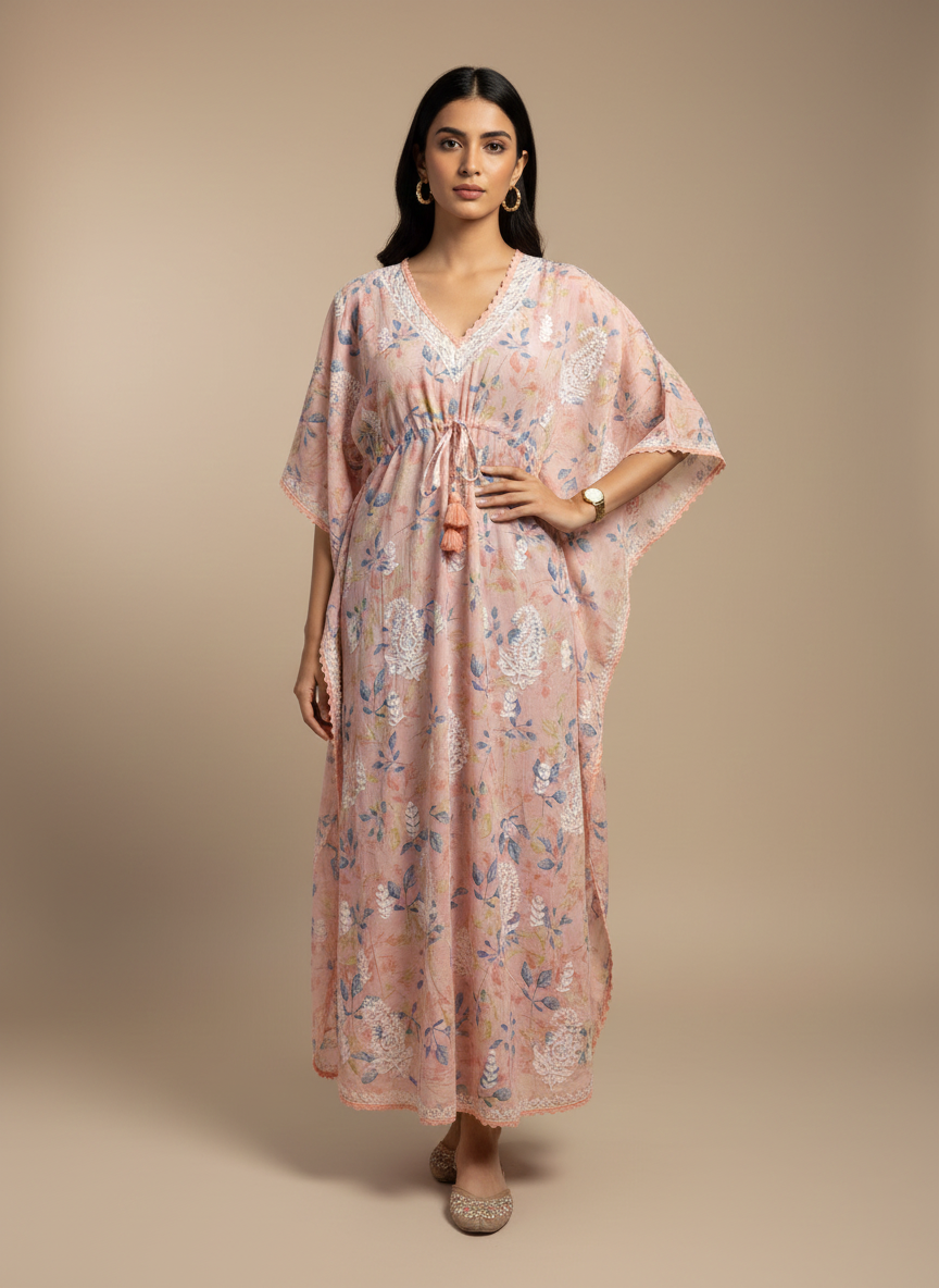 Hand Embroidered Chikankari A-Line Gathering Pattern Mulmul Cotton Kaftan-AL3833 Peach