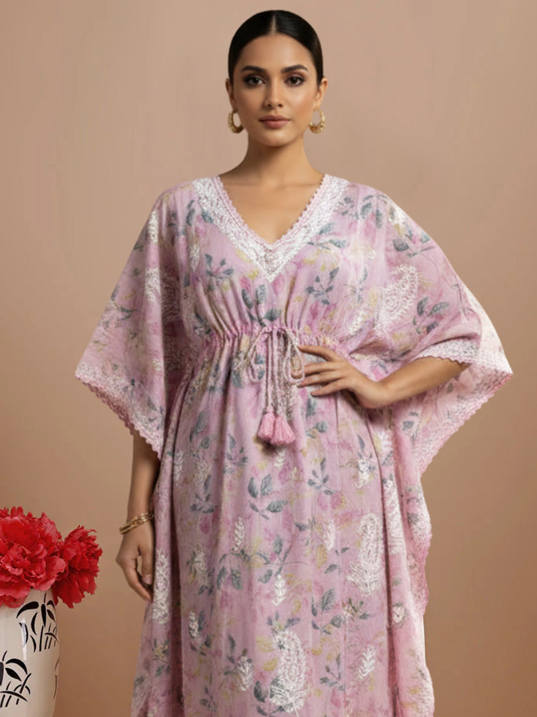 Hand Embroidered Chikankari A-Line Gathering Pattern Mulmul Cotton Kaftan-AL3833 Pink