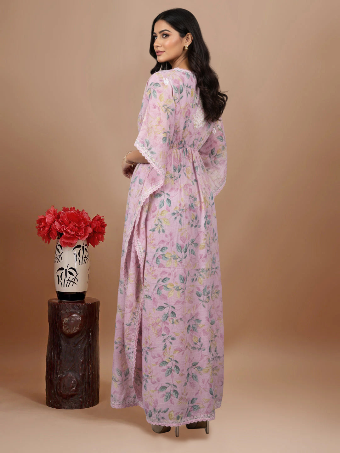 Hand Embroidered Chikankari A-Line Gathering Pattern Mulmul Cotton Kaftan-AL3833 Pink