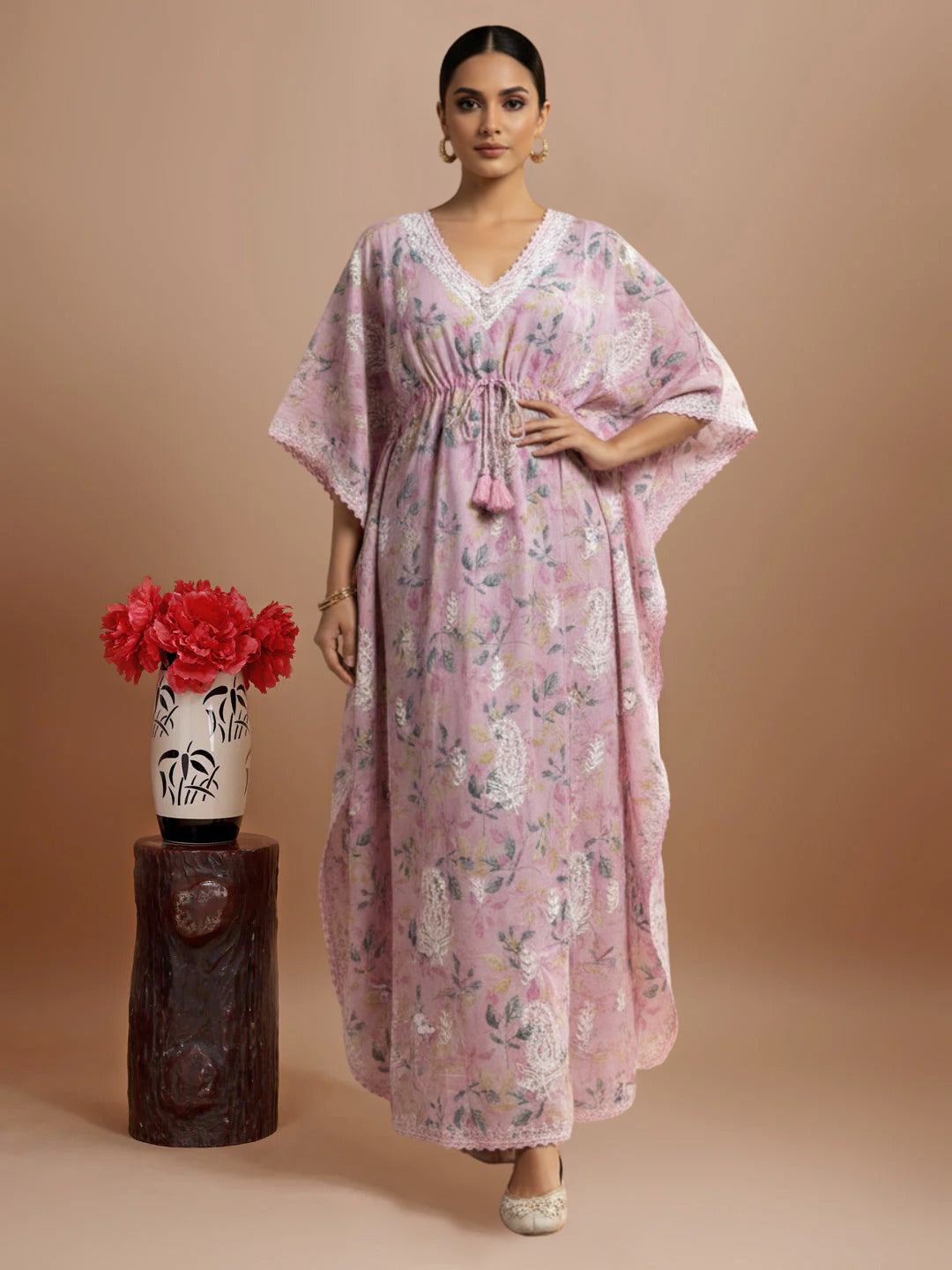 Hand Embroidered Chikankari A-Line Gathering Pattern Mulmul Cotton Kaftan-AL3833 Pink
