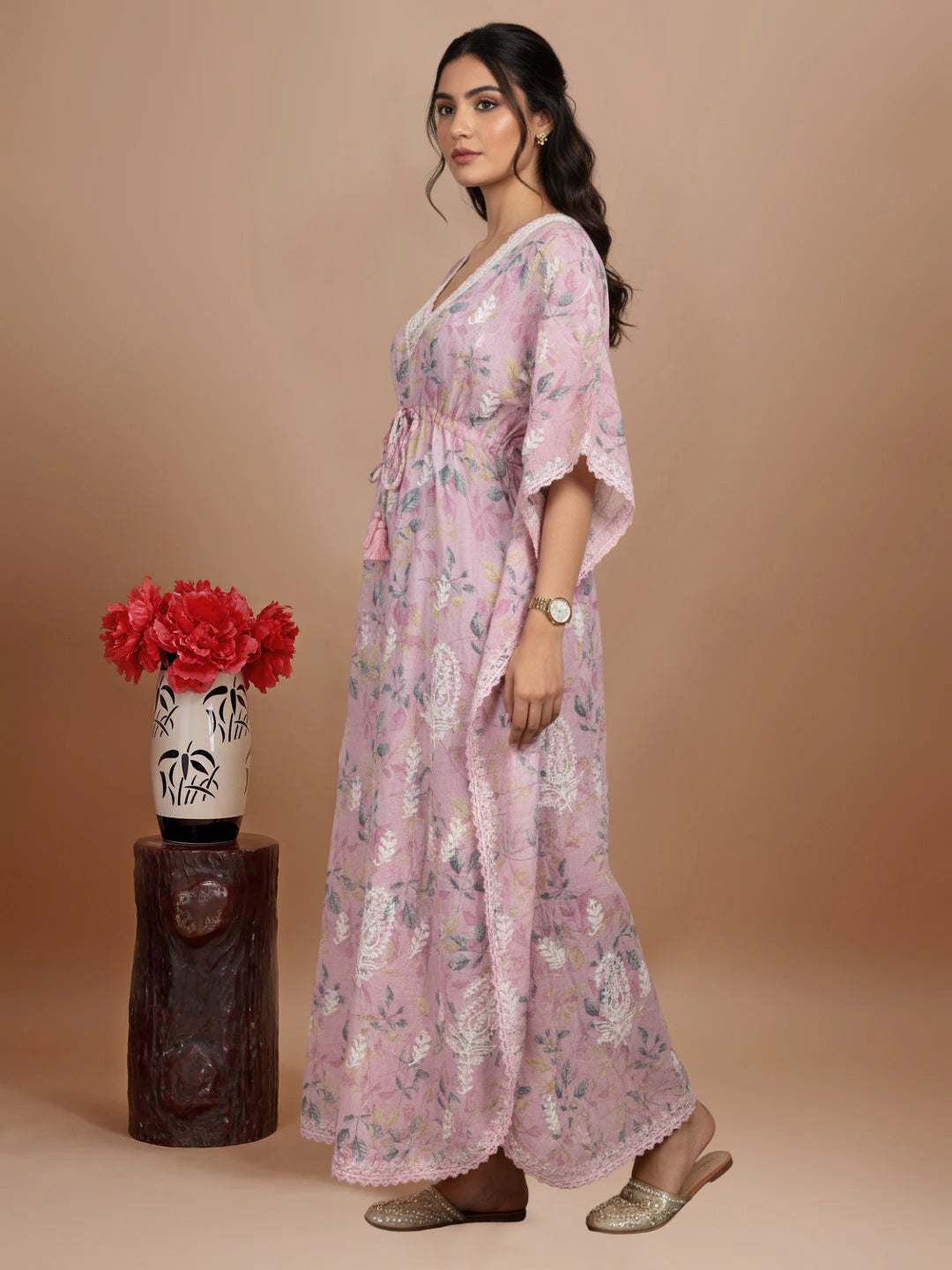 Hand Embroidered Chikankari A-Line Gathering Pattern Mulmul Cotton Kaftan-AL3833 Pink