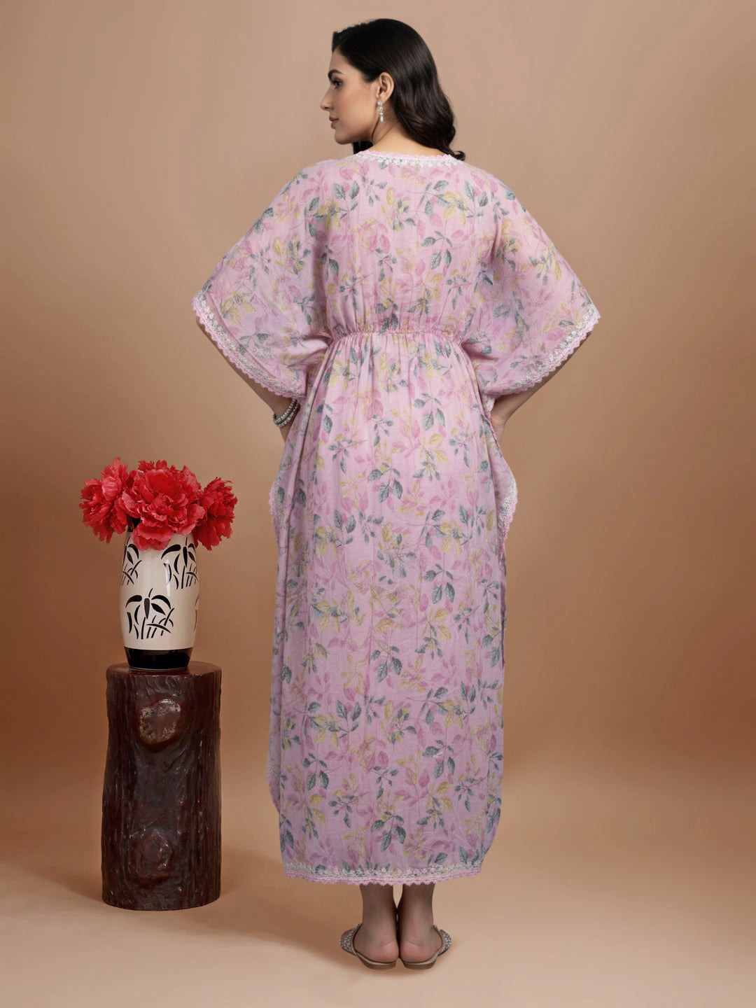 Hand Embroidered Chikankari A-Line Gathering Pattern Mulmul Cotton Kaftan-AL3833 Pink