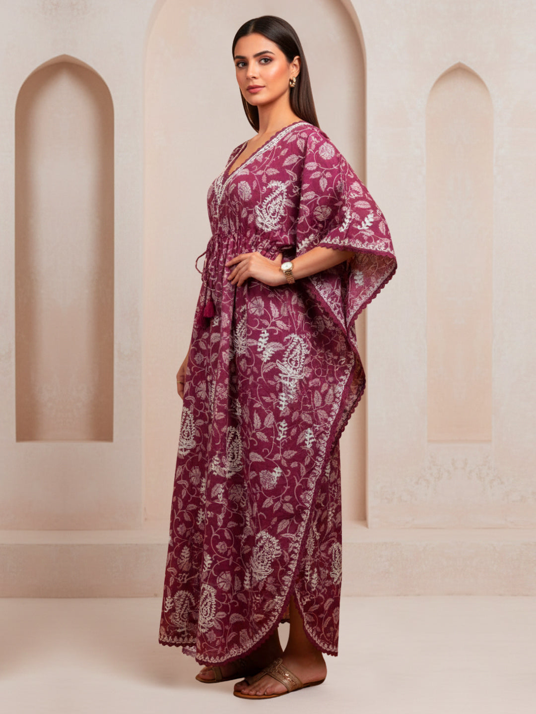 Hand Embroidered Chikankari A-Line Gathering Pattern Mulmul Cotton Kaftan-AL3833 Red