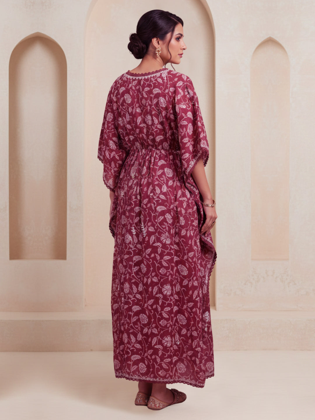 Hand Embroidered Chikankari A-Line Gathering Pattern Mulmul Cotton Kaftan-AL3833 Red