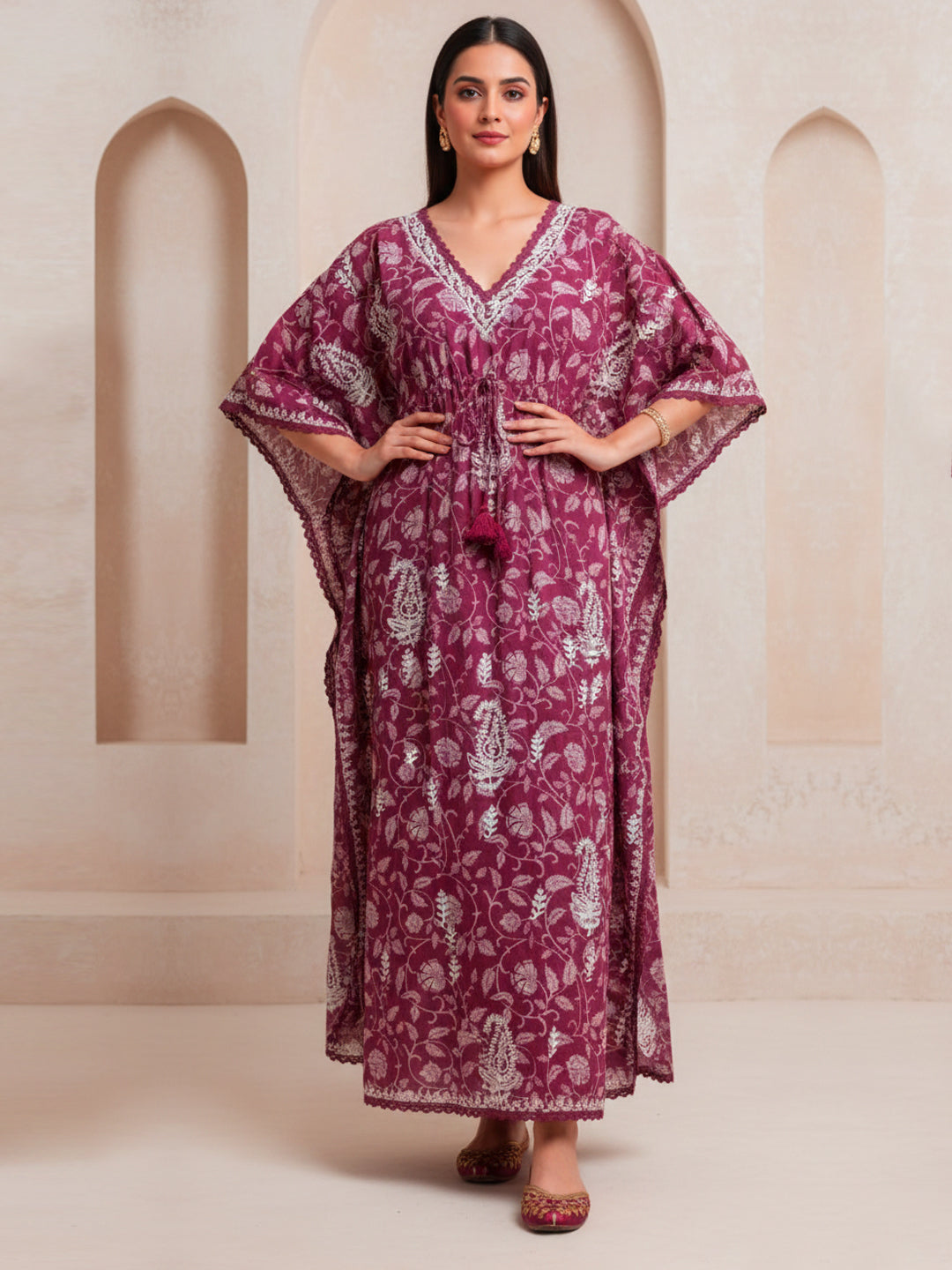 Hand Embroidered Chikankari A-Line Gathering Pattern Mulmul Cotton Kaftan-AL3833 Red