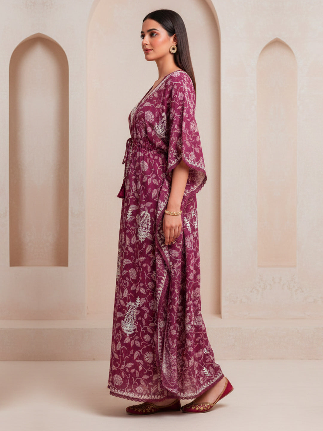 Hand Embroidered Chikankari A-Line Gathering Pattern Mulmul Cotton Kaftan-AL3833 Red