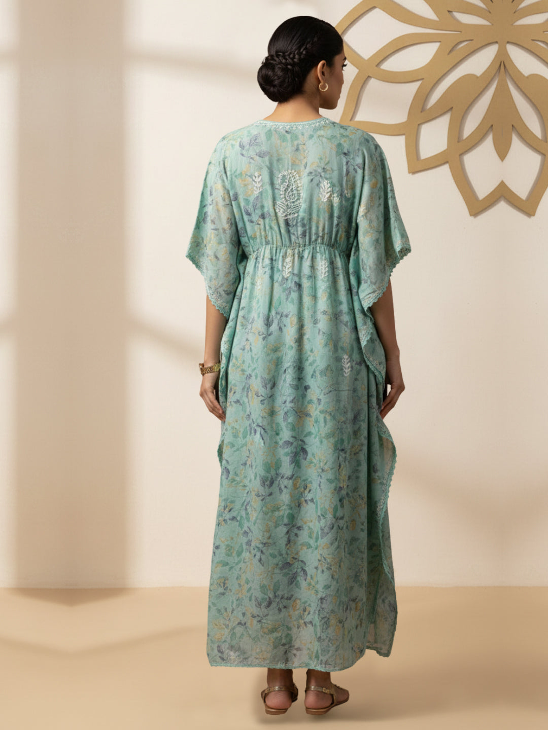 Hand Embroidered Chikankari A-Line Gathering Pattern Mulmul Cotton Kaftan-AL3833 Seagreen