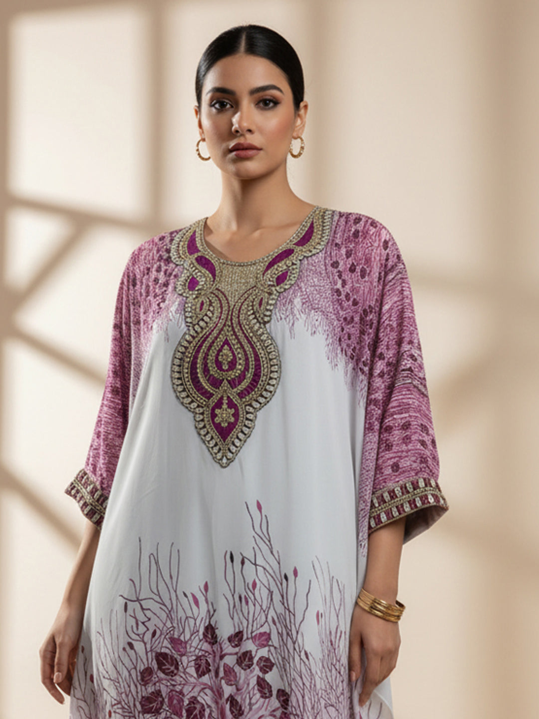 Hand Embroidered Chikankari Chiffon Kaftan-AL3851 Peach