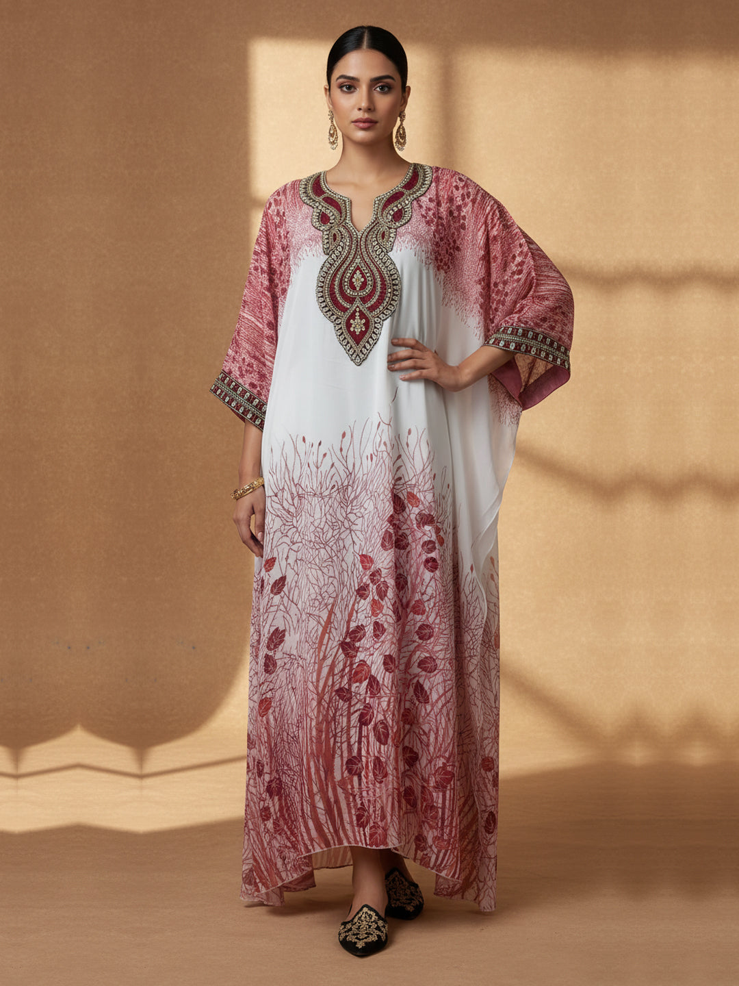 Hand Embroidered Chikankari Chiffon Kaftan-AL3851 Peach