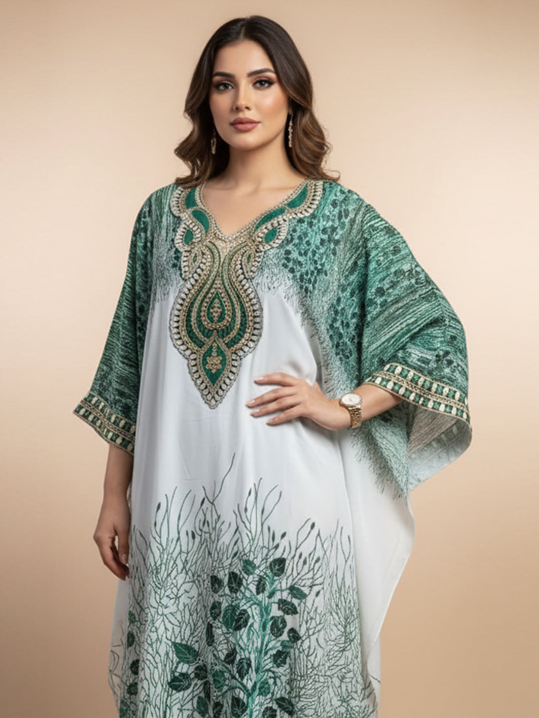 Hand Embroidered Chikankari Chiffon Kaftan-AL3851 Bottlegreen