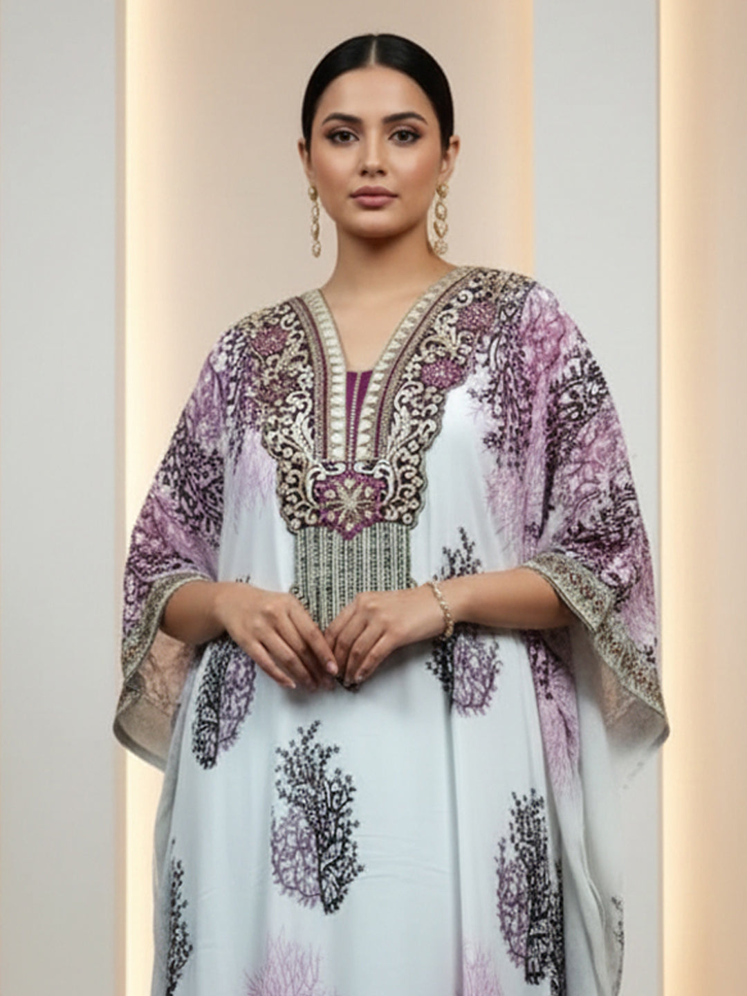 Hand Embroidered Chikankari Chiffon Kaftan-AL3851A Burgundy